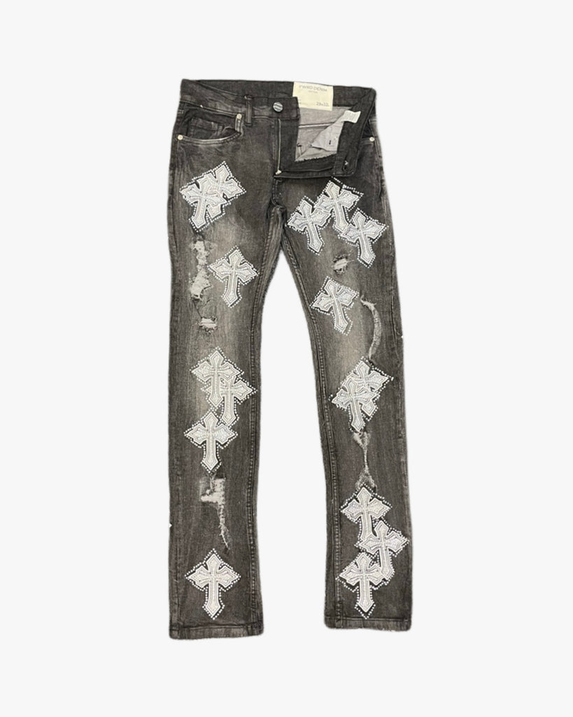 FWRD Denim Rhinestone Cross Skinny Jeans