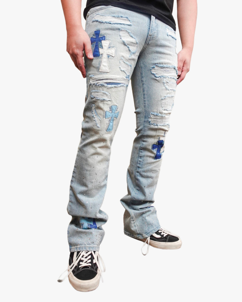 Mens Cross Patch Stack Jeans